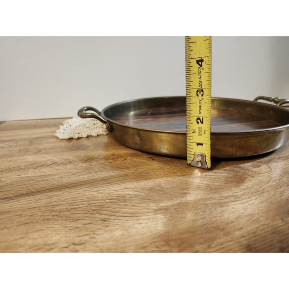 MCM Brass Handled Tray Faux Wood Laminate 11" Round Vintage - Picture 7 of 9